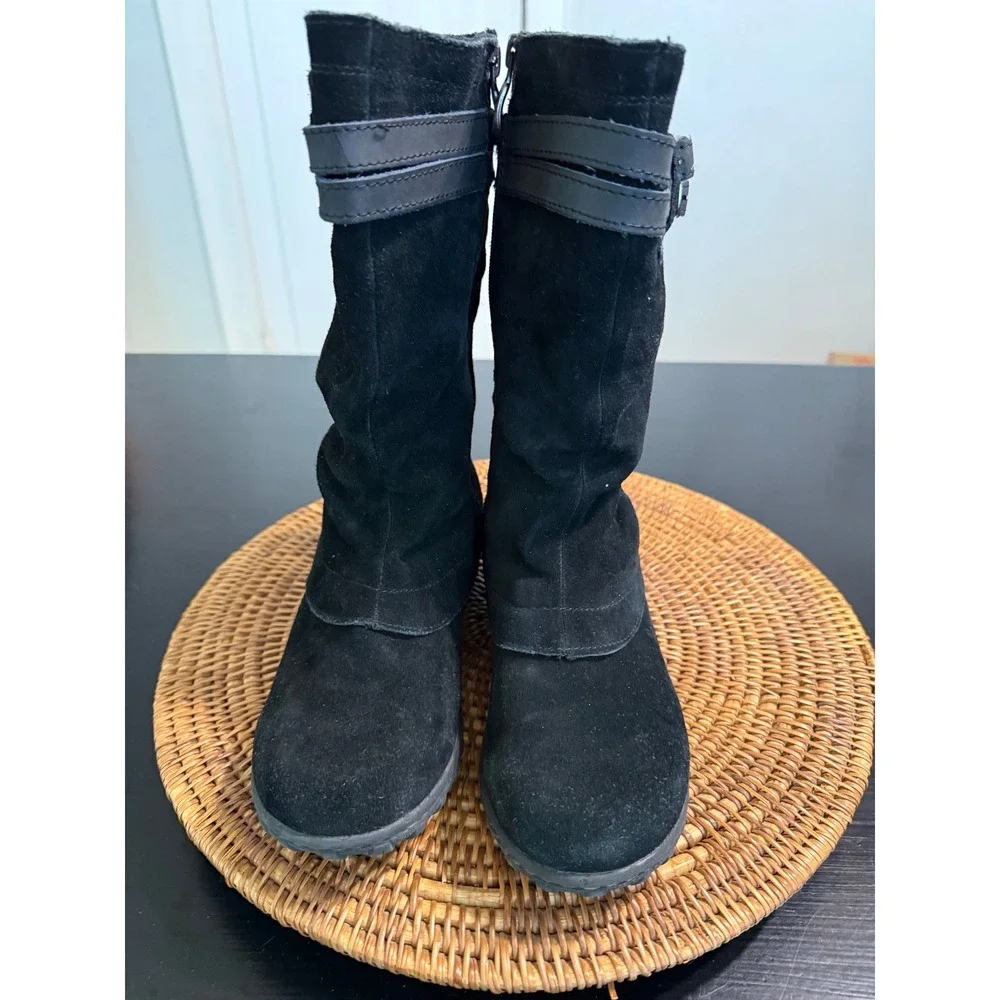 Khombu Mallory Black Suede Leather Faux Fur Lined Mid Calf Boots Womens 8M